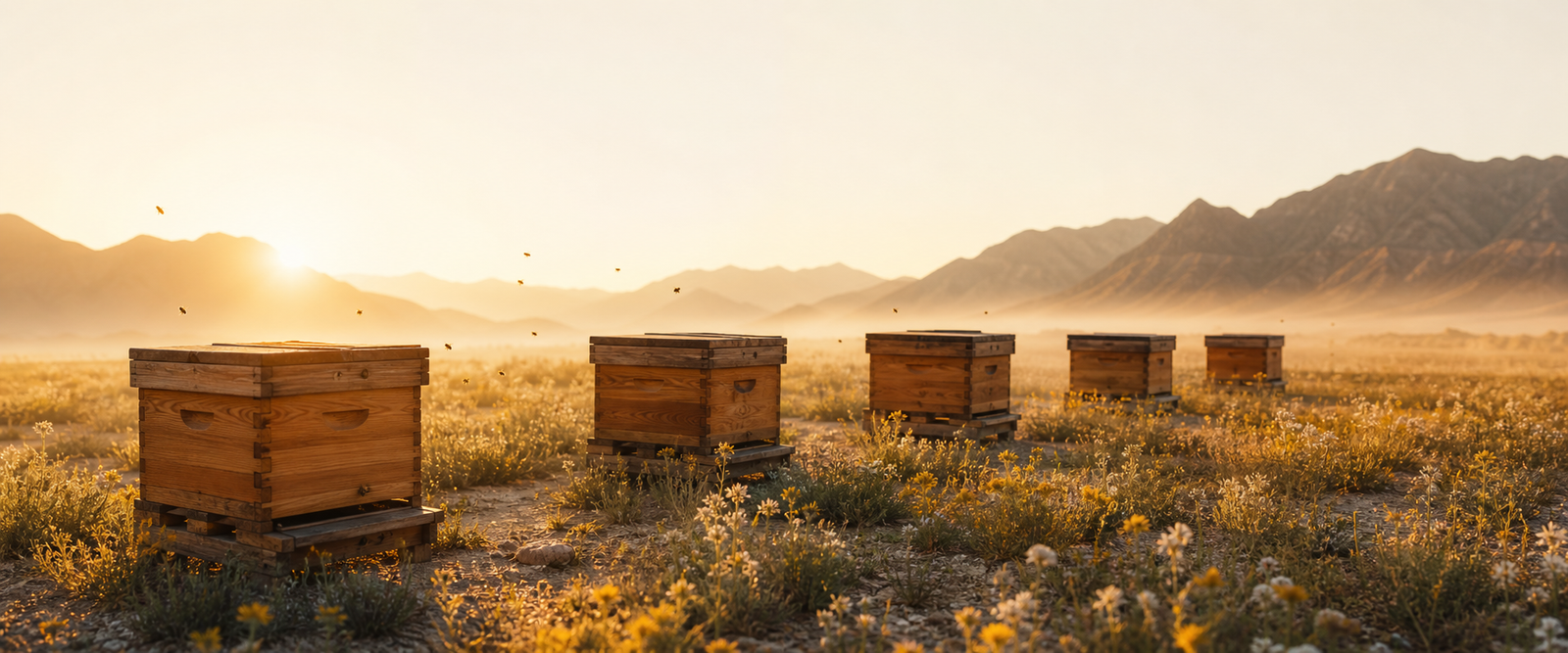 Wooden beehives at sunrise in a UAE desert landscape with wildflowers