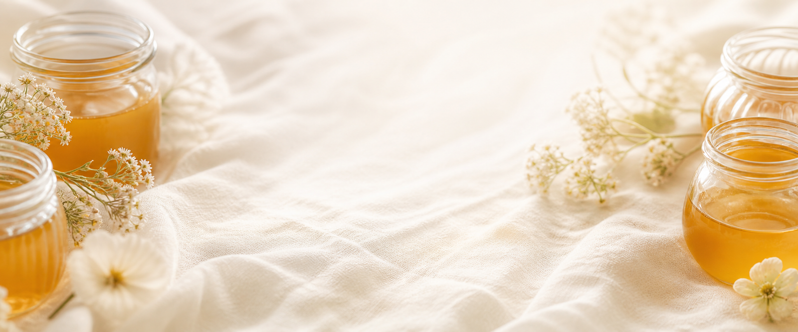 Honey jars and wildflowers on cream linen fabric in soft golden light