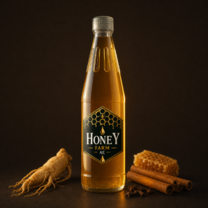 Honey Farm vitality honey bottle with ginseng root, cinnamon and honeycomb on dark slate