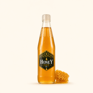 Honey Farm AE honey bottle with wooden dipper on warm cream background